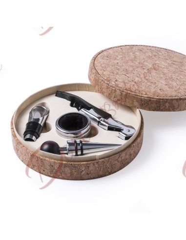 Bomboniere articolo regalo gadget set vino 4 pezzi con scatola tonda in sughero