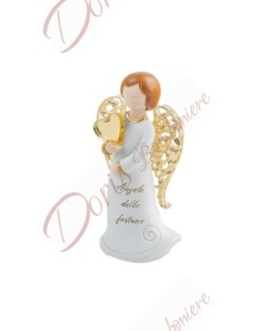 Bonbonnières d'ange blanc avec ailes en miroir doré et phrase coeur en plexiglas de 6,5 cm de haut