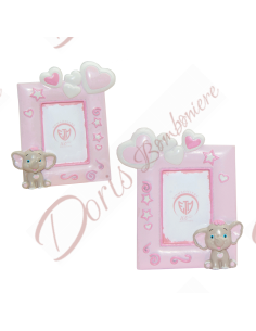Baby baptism favors photo frame pink photography with hearts and baby elephants cm 13.5
