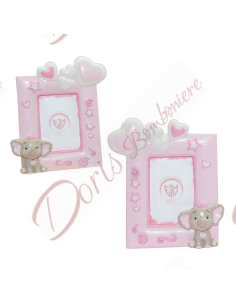 Baby baptism favors photo frame pink photography with hearts and baby elephants cm 13.5