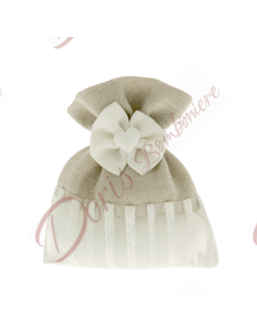Bomboniere sacchetto porta confetti bianco e tortora completo con fiocco e cuoricino cm 10x12