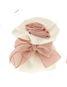 Bomboniera sacchetto portaconfetti non invitati bianco e rosa con fiocco  e fiore centrale formato tondo cm 10