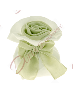 Bomboniere sacchetto porta confetti bianco e verde formato tondo cm 11 con fiocco e fiore matrimonio nozze