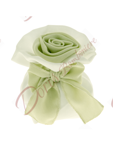 Bomboniere sacchetto porta confetti bianco e verde formato tondo cm 11 con fiocco e fiore matrimonio nozze