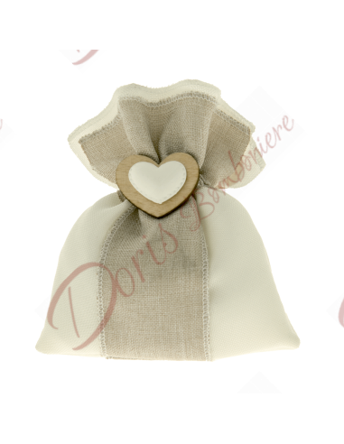 Shabby sac bicolore ivoire et taupe barbe à papa cotillons avec coeur en bois 10x12 cm