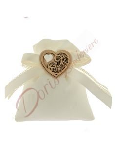 Bomboniere sacchetto porta confetti in cotone con fiocco e doppio cuore bianco e legno cm 10x12