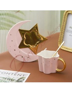 Bomboniere matrimonio utili tema galassia astronomia costellazioni tazza da the o caffè con piattino luna e stella rosa e oro 2