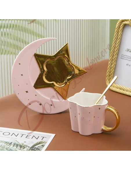 Bomboniere matrimonio utili tema galassia astronomia costellazioni tazza da the o caffè con piattino luna e stella rosa e oro