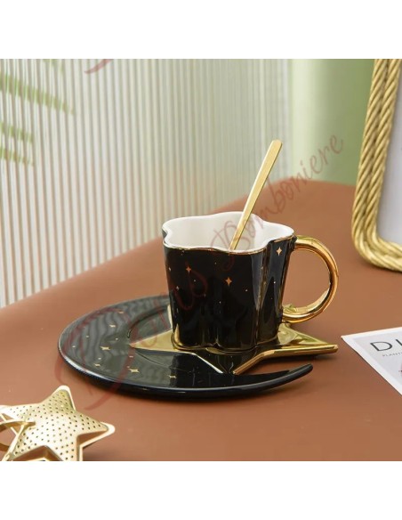 Bomboniere matrimonio utili da cucina tema stelle costellazioni luna astronomia tazza caffè con piattino ceramica nero oro Bomboniere matrimonio utili da cucina tema stelle costellazioni luna astronomia tazza caffè con piattino ceramica nero oro