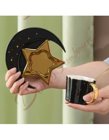 Bomboniere matrimonio utili da cucina tema stelle costellazioni luna astronomia tazza caffè con piattino ceramica nero oro