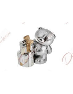 Salvadanaio orso in argento con pacco regalo15x18