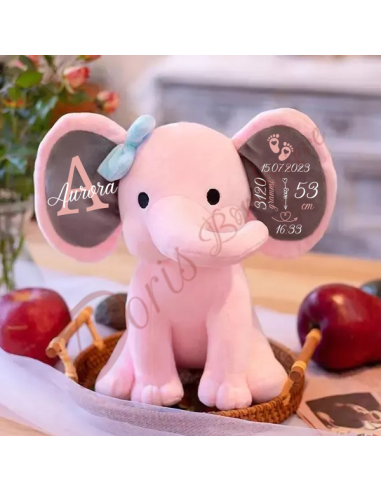 Cadeau de naissance marionnette peluche éléphant personnalisée avec prénom et données de naissance 25 cm