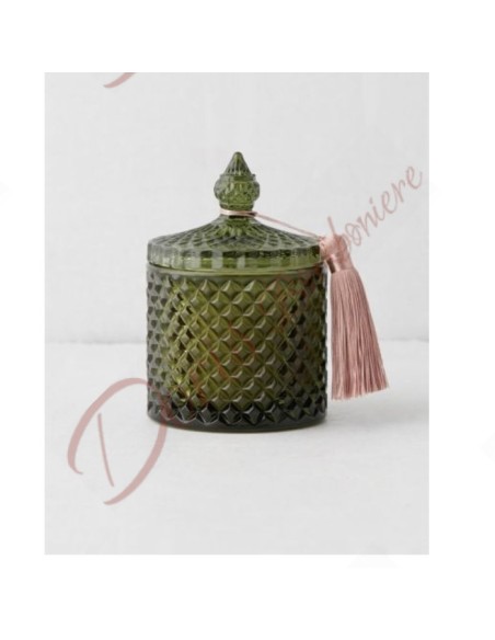 Bomboniere candela matrimonio elegante cofanetto in vetro con cera bianca coperchio e nappino Bomboniere candela matrimonio elegante cofanetto in vetro con cera bianca coperchio e nappino