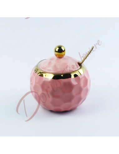 Bomboniera matrimonio utile zuccheriera in ceramica rosa con cucchiaino oro