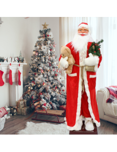 Santa Claus in motion, human size, 180 cm tall, wearing a velvet suit with soft toys and gifts