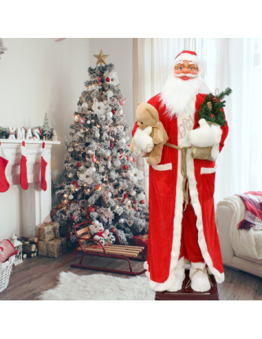 Santa Claus in motion, human size, 180 cm tall, wearing a velvet suit with soft toys and gifts