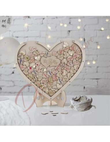 Wooden guest book in the shape of a heart, book of wedding dedications