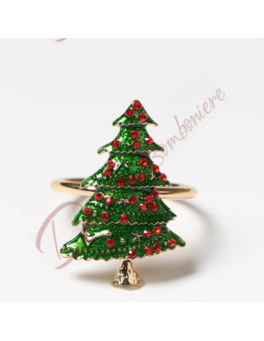 Gold Christmas napkin holder with green Christmas tree and red rhinestones