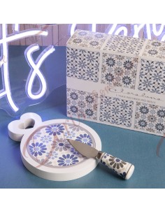 Cadeau de cuisine utile, planche à découper à fleurs bleues à bord blanc avec grand couteau à fromage 24043