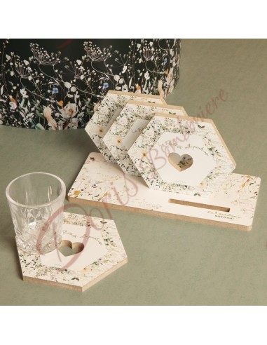 Bomboniere matrimonio utili set porta sottobicchieri con 4 sottobicchieri in legno 24107