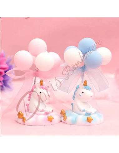 Unicorn first birthday baptism favors on cloud with pink or blue balloons