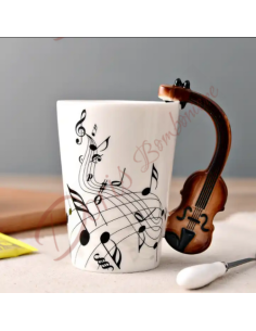 Bomboniera utile tema musica in ceramica con manico violino disegno pentagramma e note musicali