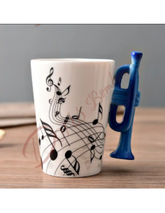 Bomboniera originale per matrimonio tema musica tazza con manico tromba blu e note musicali