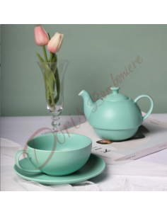 Cadeau utile : théière en porcelaine couleur TIFFANY mat avec tasse et soucoupe