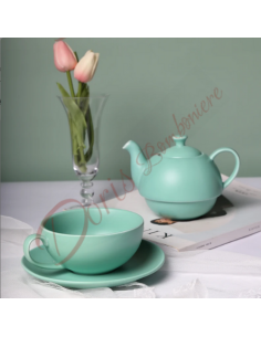 Cadeau utile : théière en porcelaine couleur TIFFANY mat avec tasse et soucoupe