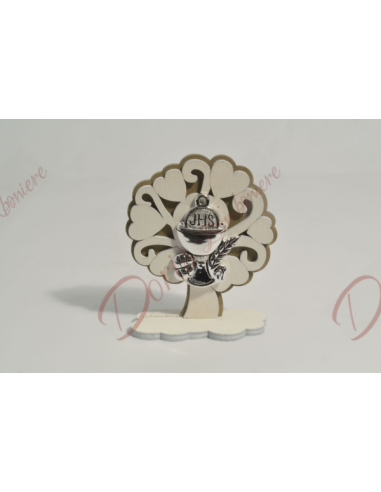 Albero della Vita in legno, con particolare Comunione in resina argentata, h 10,5 x 8 cm