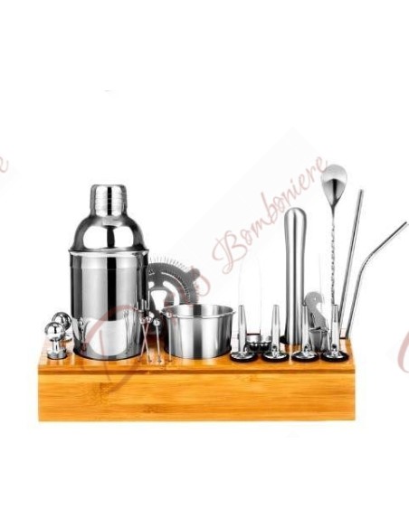 Bomboniere tema cocktail per matrimonio set accessori in acciaio inox e base in legno Bomboniere tema cocktail per matrimonio set accessori in acciaio inox e base in legno