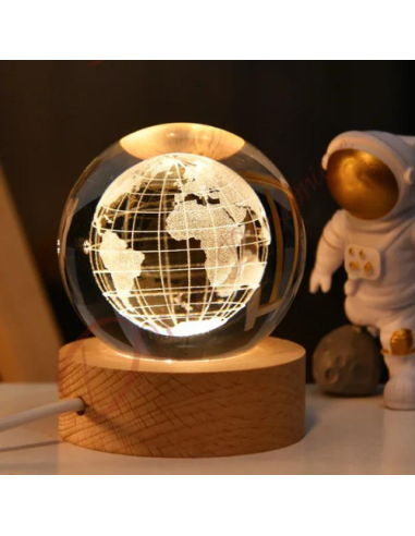 Bomboniere tema viaggio utile lampada a led con mondo planisfero in vetro base in legno cm 6 diam.
