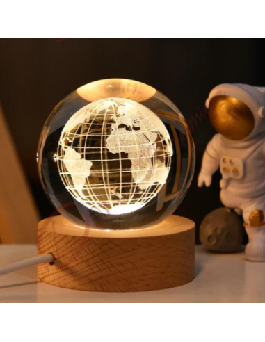 Lampe LED pour cadeaux de mariage sur le thème des voyages, avec carte du monde en verre, base en bois, 8 cm de diamètre.