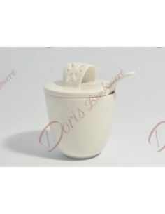 Zuccheriera in porcellana bianca con cucchiaino, h 7,1 x ∅ 9,5 cm, completo di porta confetti in tessuto 20023