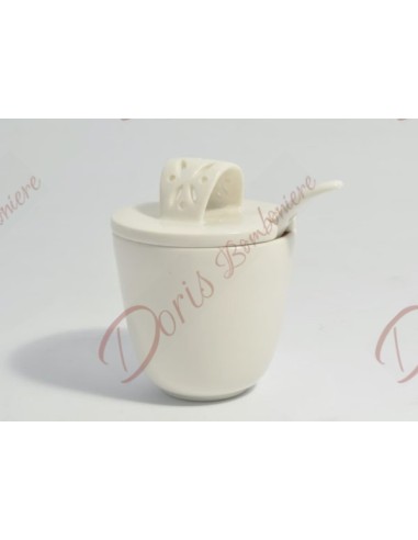 White porcelain sugar bowl with spoon, h 7.1 x ∅ 9.5 cm, complete with fabric candy box