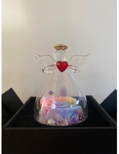 Bomboniere rosa stabilizzata con fiori colore ARCOBALENO racchiusi in angelo in vetro soffiato con cuore rosso cm 10x7