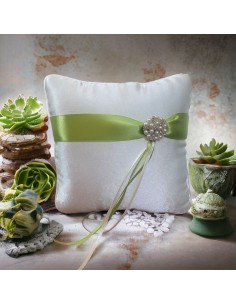 Wedding ring holder cushion in white satin with green satin band and pearl application