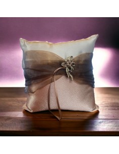 Brown and copper wedding ring holder cushion with central rhinestone application