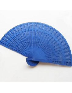 Gadget ventagli in legno di sandalo lavorato colore blu per matrimonio o promozione aziendale
