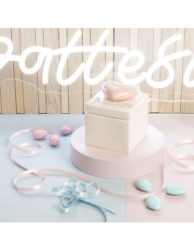 Porcelain jewelry box favors with pink heart for baby baptism 7.5x9