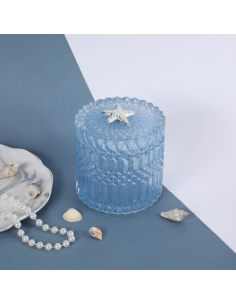 Bomboniera tema mare barattolo in vetro azzurro con stella marina argentata 16.5 cm