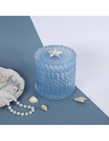 Sea themed favor favor in blue glass jar with silver starfish 16.5 cm