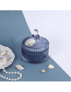 Blue glass jewelry favor box with silver shell on the lid 10.5x11.5 cm