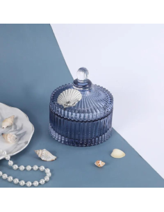 Blue glass jewelry favor box with silver shell on the lid 10.5x11.5 cm