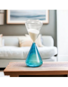 Hourglass favor with blue and transparent glass, modern white sand shape, 30 minutes