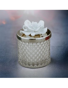 Bomboniere candela in vetro diamond con fiore bianco in porcellana Capodimonte matrimonio anniversario comunione
