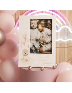 Bomboniera portafoto in legno con orsetto rosa ideale per nascita e battesimo bimba