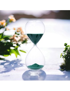 Glass hourglass favors with dark green sand 12 cm high 5 minutes