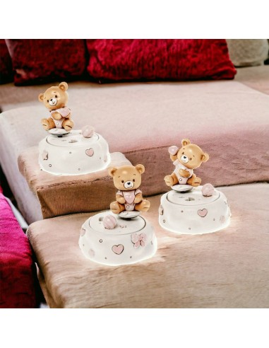 Spieluhr mit Teddybär und rosa-weißem Herz, 3 Mods. sortiert 8x9