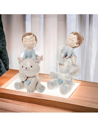 Bomboniera bambino su elefante e su orso in resina soprammobile 7 cm grigio azzurro